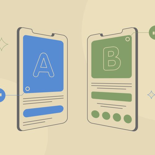 AB testing graphics, mobile app split test comparison icons, data analysis and experiment results, marketing strategy visualization, conversion rate optimization illustration with icons.